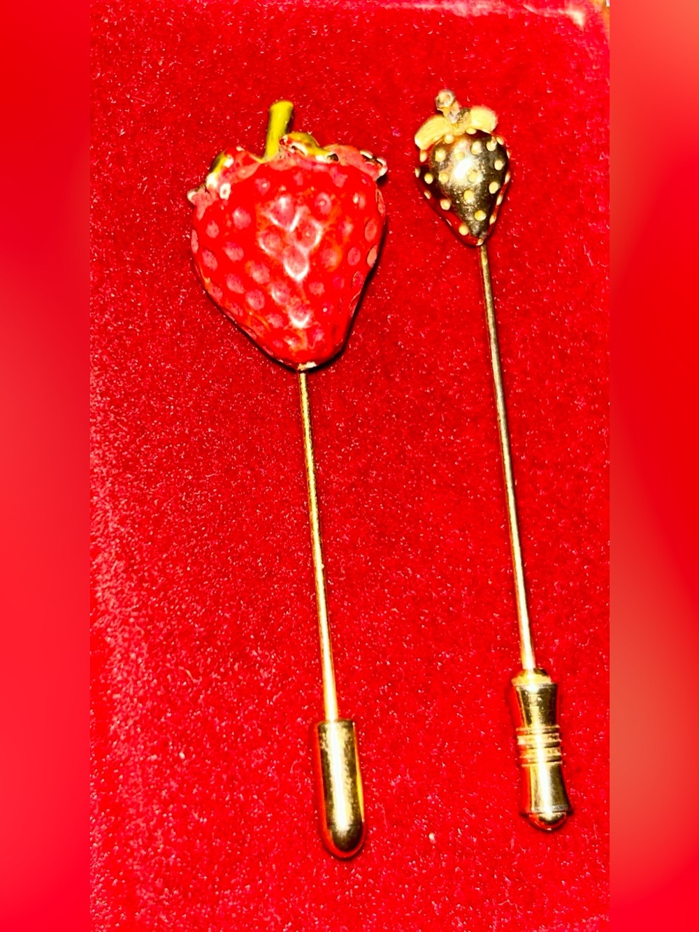 Gold Tone Strawberry & Red Enamel Strawberry Stick Pin Set (Pair) EUC